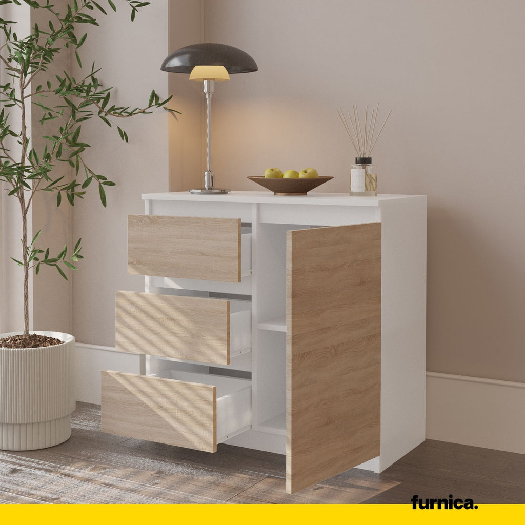 MIKEL - Cassettiera con 3 cassetti e 1 anta - Credenza per camera da letto - Bianco opaco / Rovere Sonoma