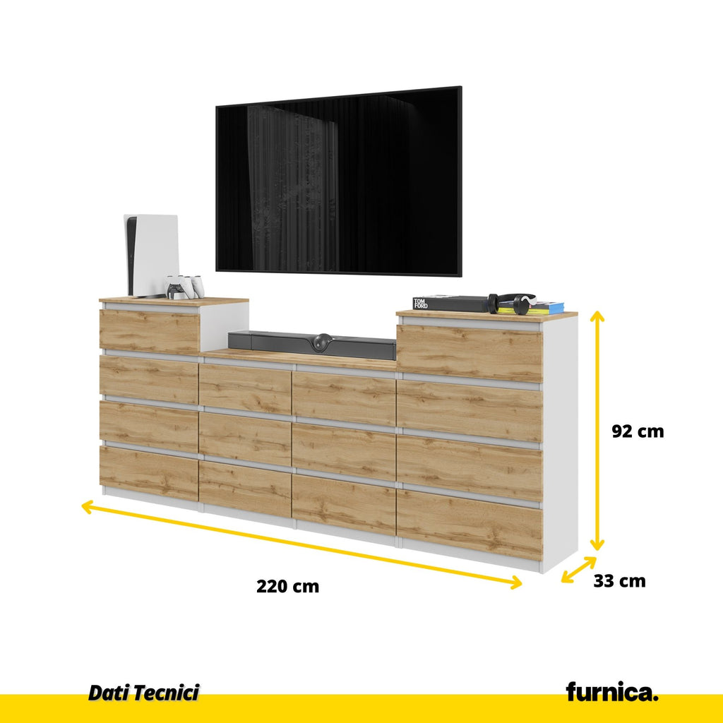 GABRIEL - Cassettiera a 14 cassetti (4+6+4) - Credenza per camera da letto - Bianco opaco / Rovere Wotan