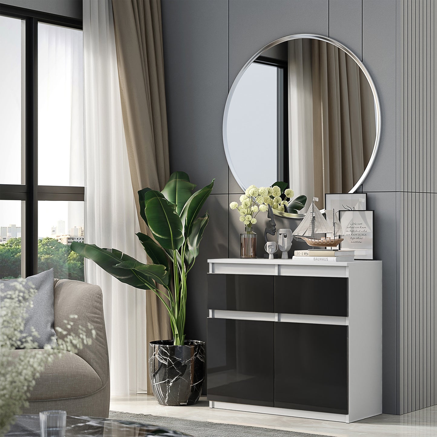 NOAH - Cassettiera con 2 cassetti e 2 ante - Credenza per camera da letto - Bianco Opaco / Nero Lucido