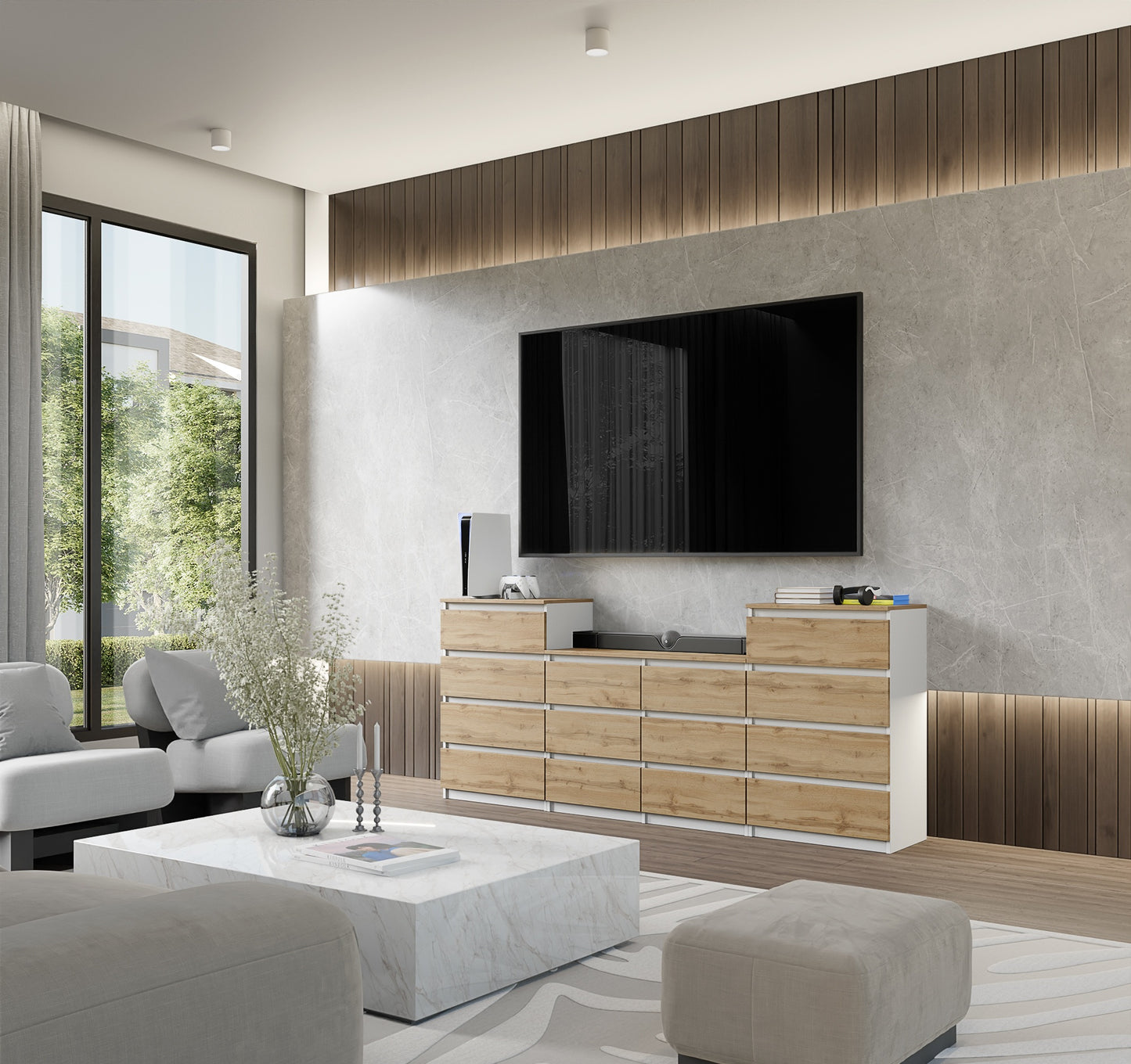 GABRIEL - Cassettiera a 14 cassetti (4+6+4) - Credenza per camera da letto - Bianco opaco / Rovere Wotan