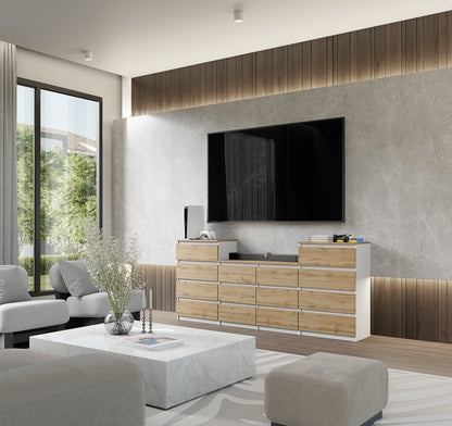 GABRIEL - Cassettiera a 14 cassetti (4+6+4) - Credenza per camera da letto - Bianco opaco / Rovere Wotan