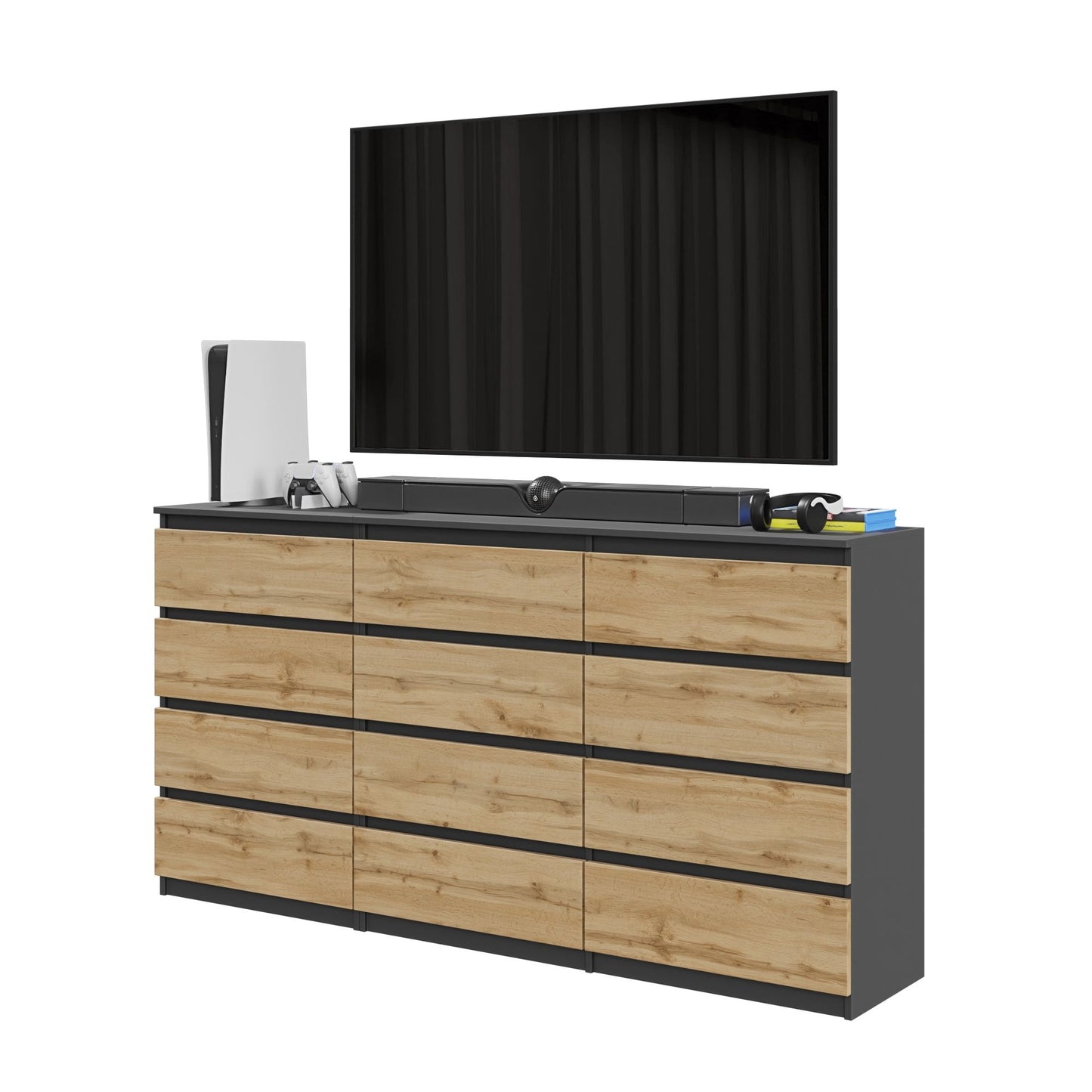 GABRIEL - Cassettiera a 12 cassetti (8+4) - Credenza per camera da letto - Antracite / Rovere Wotan