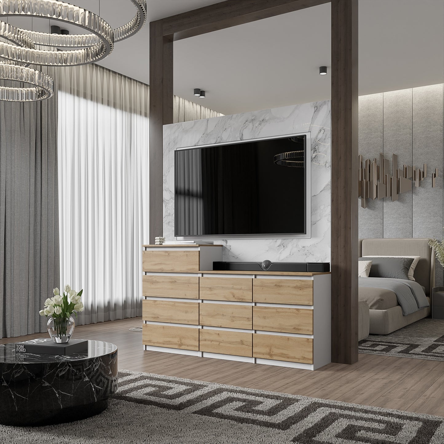 GABRIEL - Cassettiera a 10 cassetti (6+4) - Credenza per camera da letto - Bianco opaco / Rovere Wotan