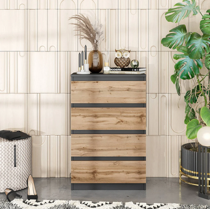 GABRIEL - Comò a 4 cassetti - Credenza per camera da letto - Antracite / Rovere Wotan