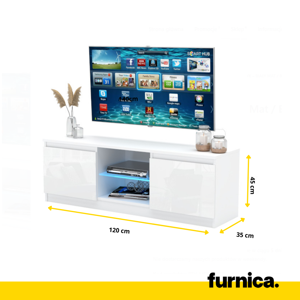 MARCO - Mobile TV con 2 ante e 1 ripiano in vetro - H45cm L120cm P35cm - Bianco opaco / Bianco lucido