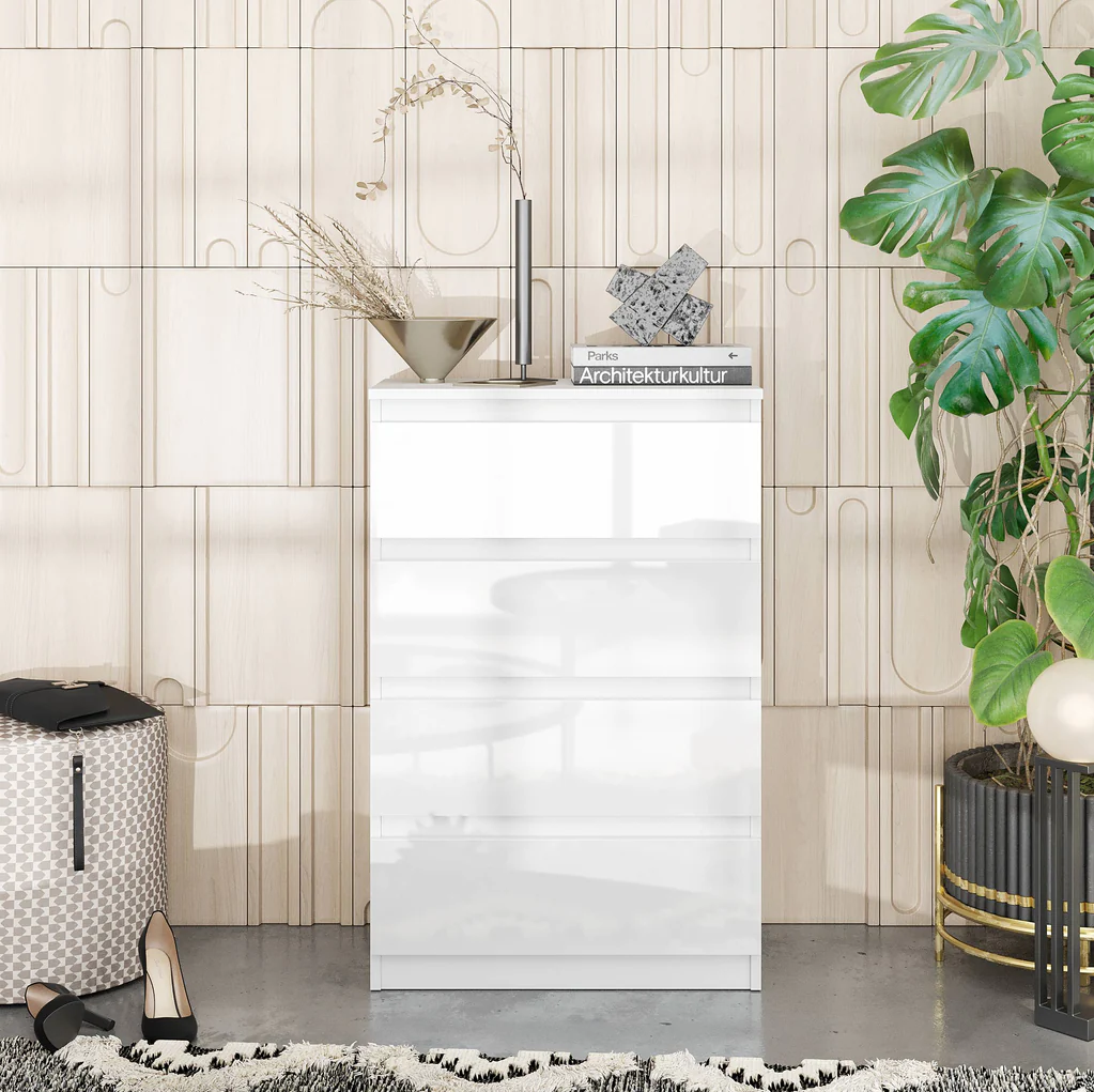 GABRIEL - Comò a 4 cassetti - Credenza per camera da letto - Bianco opaco / Bianco lucido