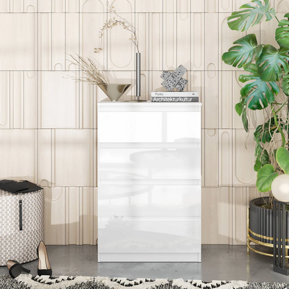 GABRIEL - Comò a 4 cassetti - Credenza per camera da letto - Bianco opaco / Bianco lucido