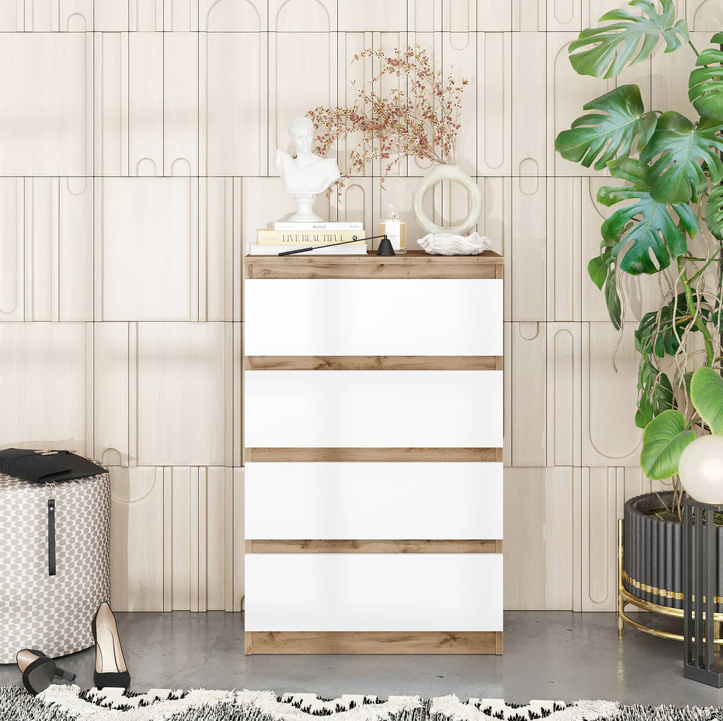 GABRIEL - Cassettiera a 4 cassetti - Credenza per camera da letto - Quercia wotan / Bianco opaco