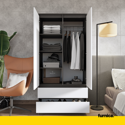 JOELLE - Armadio a 2 ante con 2 cassetti - Antracite / Bianco opaco H180cm L90cm P50cm