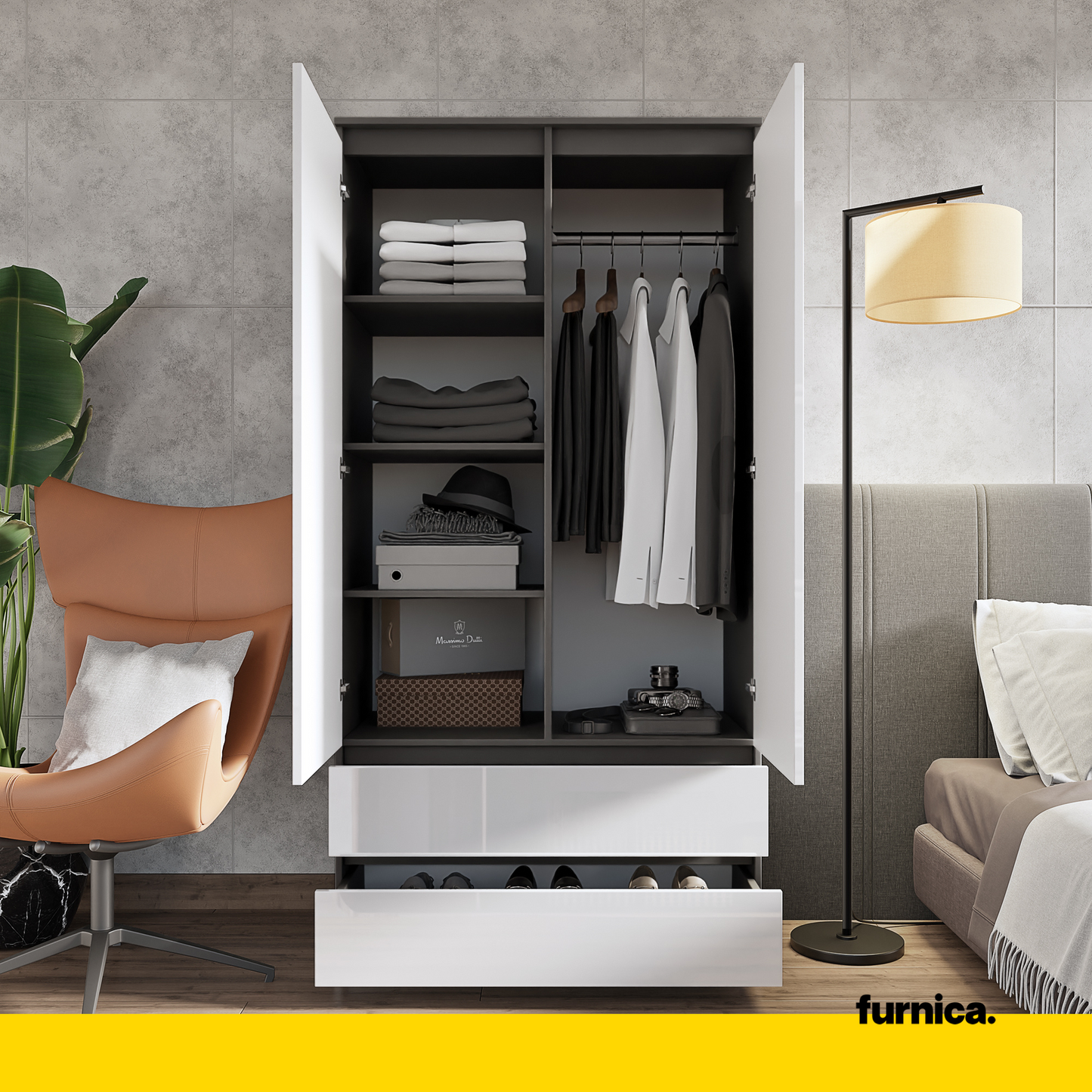 JOELLE - Armadio a 2 ante con 2 cassetti - Antracite / Bianco lucido H180cm L90cm P50cm