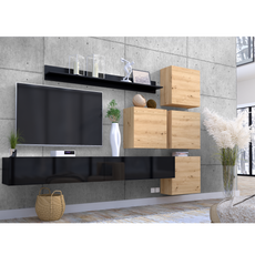 Parete attrezzata MANILA II - Set di mobili per il soggiorno - Nero lucido / Rovere artigianale