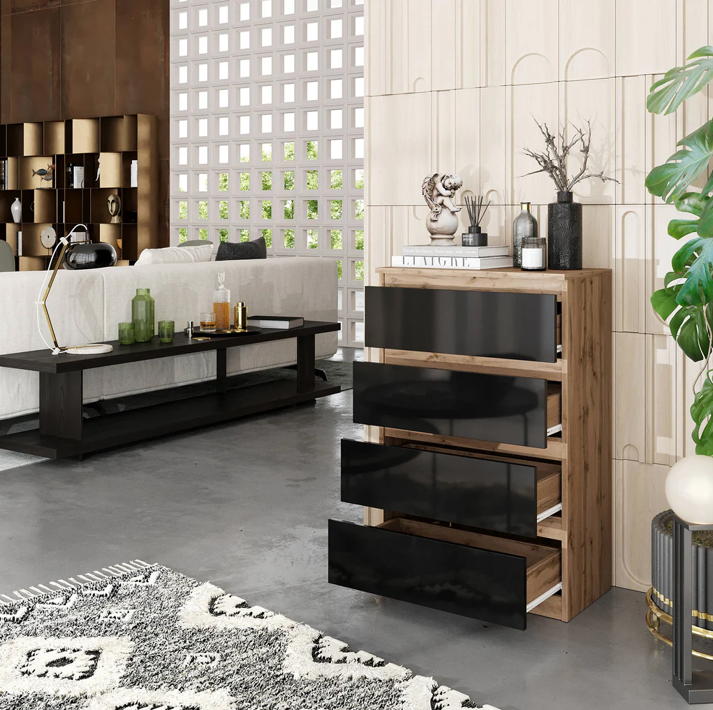 GABRIEL - Cassettiera a 4 cassetti - Credenza per camera da letto - Quercia wotan / Nero lucido