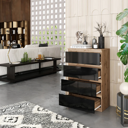 GABRIEL - Cassettiera a 4 cassetti - Credenza per camera da letto - Quercia wotan / Nero lucido