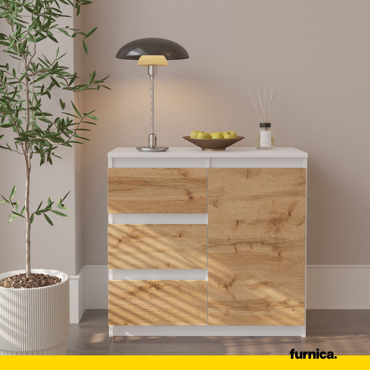 MIKEL - Cassettiera con 3 cassetti e 1 anta - Credenza per camera da letto - Bianco Opaco / Rovere Wotan