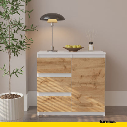 MIKEL - Cassettiera con 3 cassetti e 1 anta - Credenza per camera da letto - Bianco Opaco / Rovere Wotan