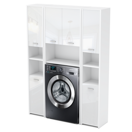 Set di armadietti da bagno EMMA con ante e ripiani - Bianco opaco / Bianco lucido H165cm L124cm P30cm