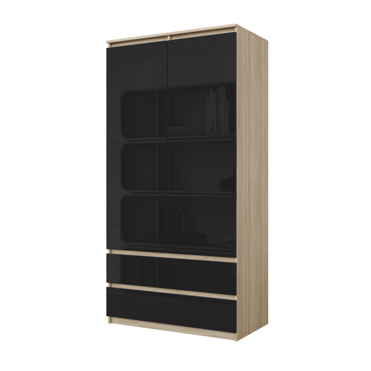 JOELLE - Armadio a 2 ante con 2 cassetti - Rovere Sonoma / Nero Lucido H180cm L90cm P50cm