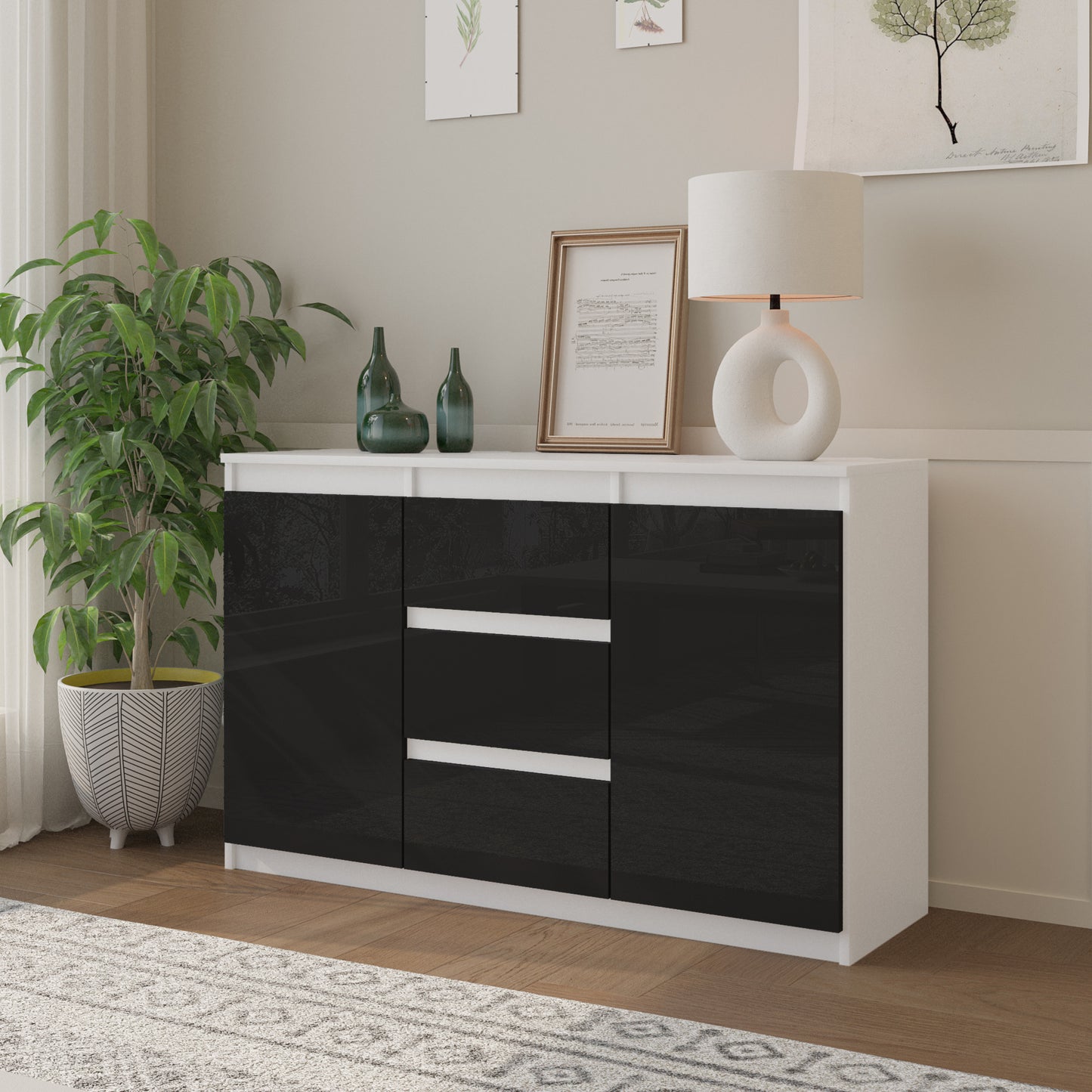 MIKEL - Cassettiera con 3 cassetti e 2 ante - Credenza per camera da letto - Bianco Opaco / Nero Lucido