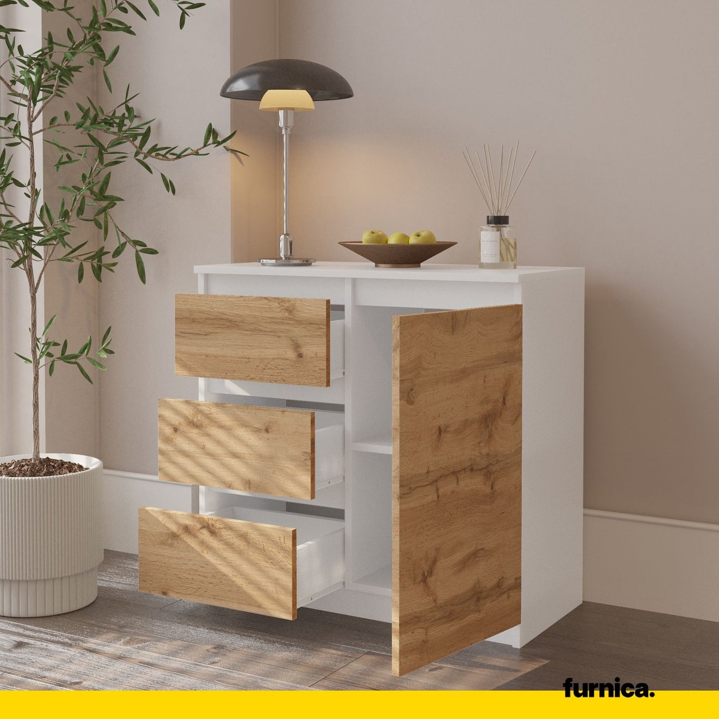 MIKEL - Cassettiera con 3 cassetti e 1 anta - Credenza per camera da letto - Bianco Opaco / Rovere Wotan