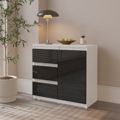 MIKEL - Cassettiera con 3 cassetti e 1 anta - Credenza per camera da letto - Bianco Opaco / Nero Lucido