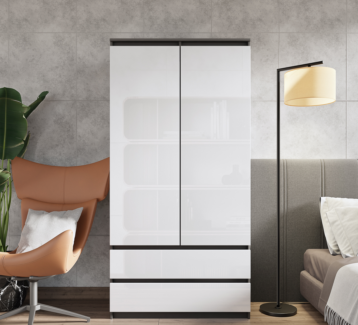 JOELLE - Armadio a 2 ante con 2 cassetti - Antracite / Bianco lucido H180cm L90cm P50cm