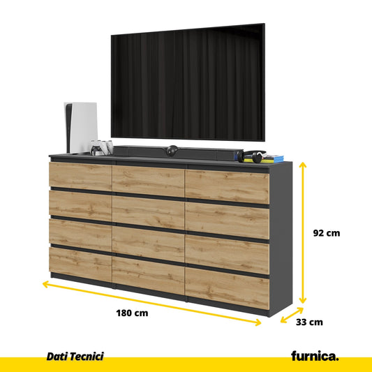 GABRIEL - Cassettiera a 12 cassetti (8+4) - Credenza per camera da letto - Antracite / Rovere Wotan