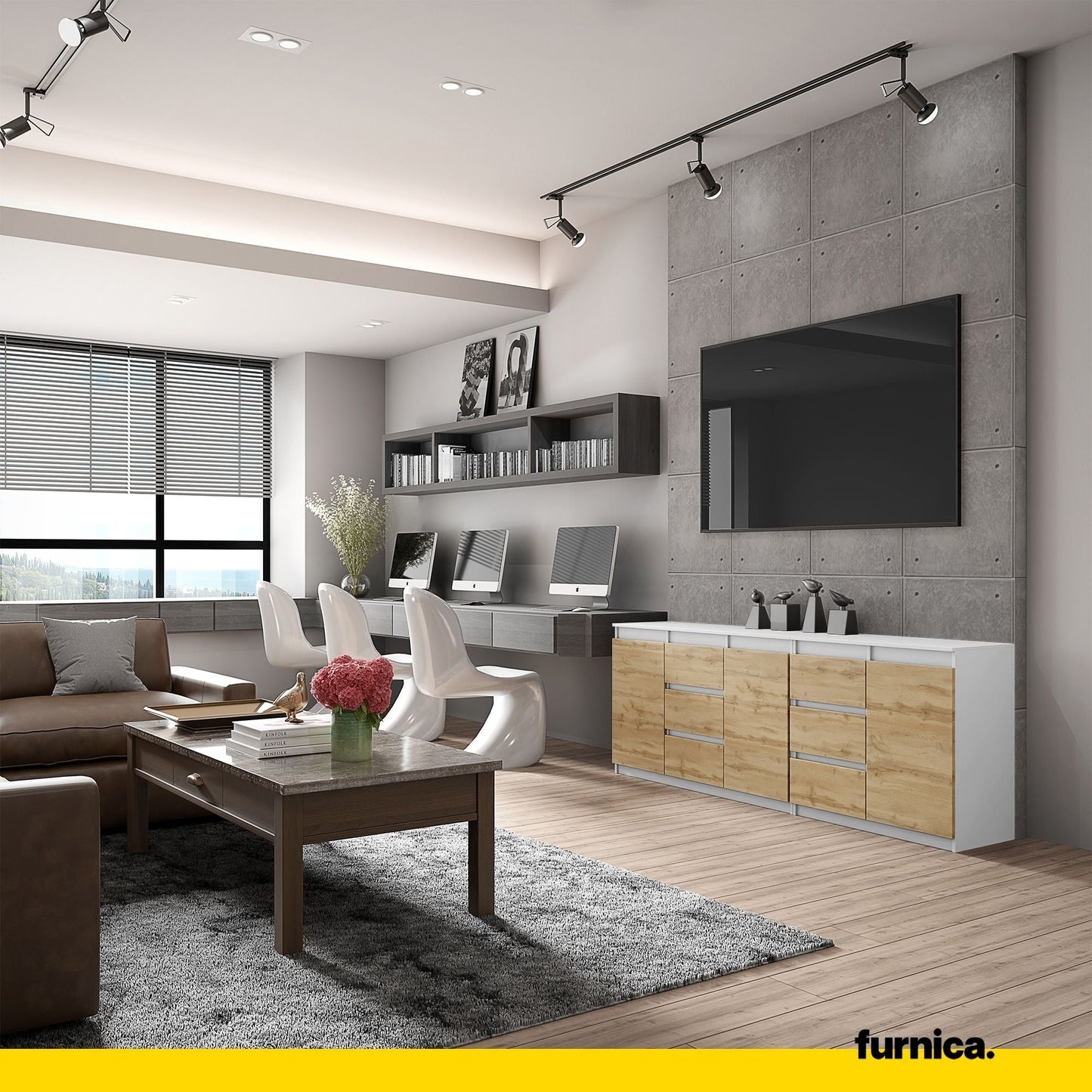 MIKEL - Cassettiera con 6 cassetti e 3 ante - Credenza per camera da letto - Bianco Opaco/Rovere Wotan H75cm L200cm P35cm
