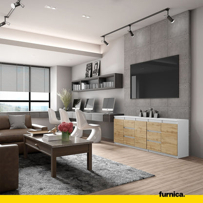 MIKEL - Cassettiera con 6 cassetti e 3 ante - Credenza per camera da letto - Bianco Opaco/Rovere Wotan H75cm L200cm P35cm