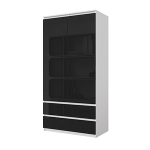 JOELLE - Armadio a 2 ante con 2 cassetti - Bianco opaco / Nero Lucido H180cm L90cm P50cm