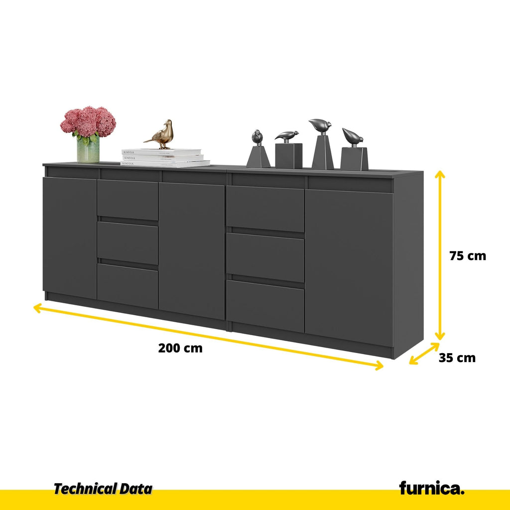 MIKEL - Cassettiera con 6 cassetti e 3 ante - Credenza per camera da letto - Antracite H75cm L200cm P35cm