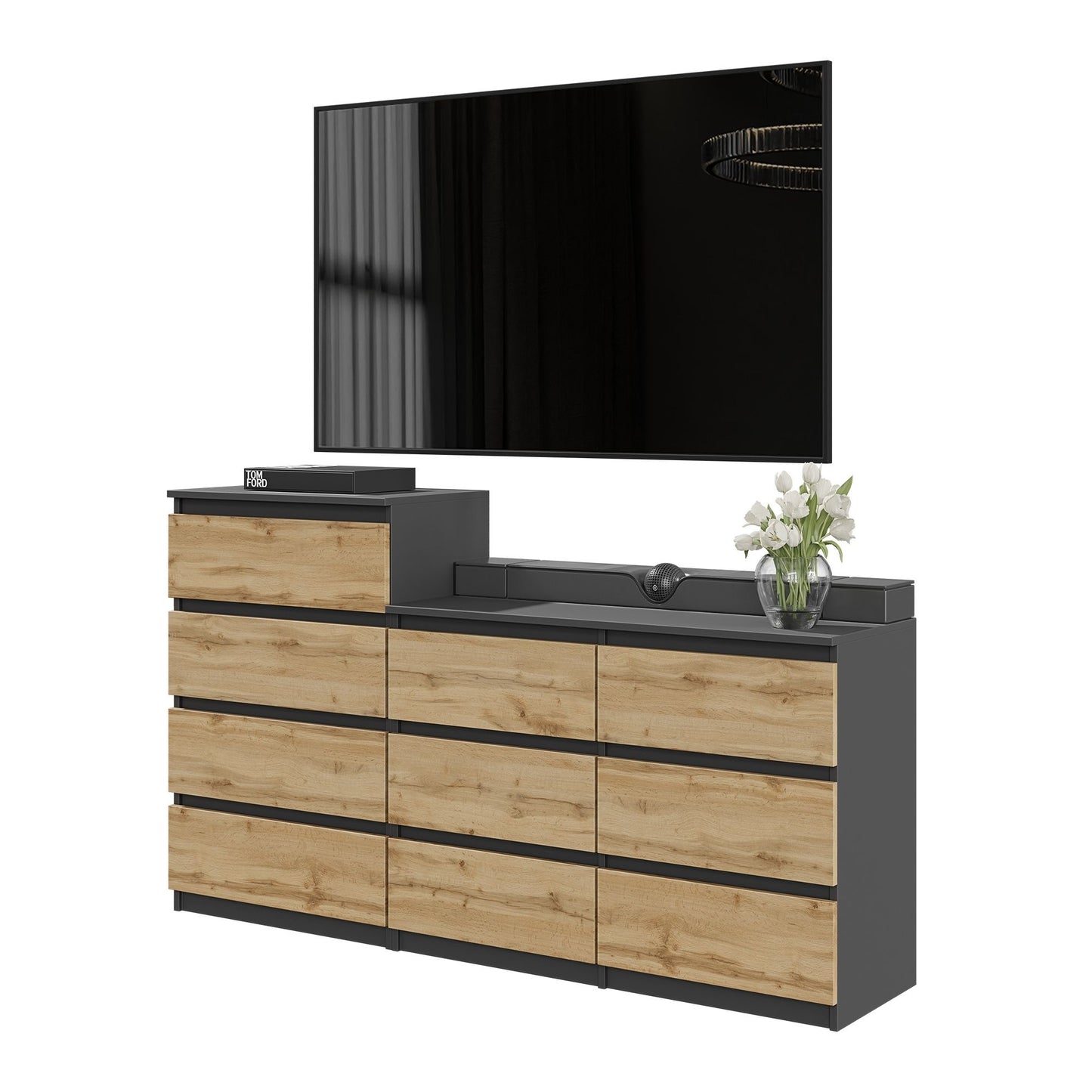 GABRIEL - Cassettiera a 10 cassetti (6+4) - Credenza per camera da letto - Antracite / Rovere Wotan