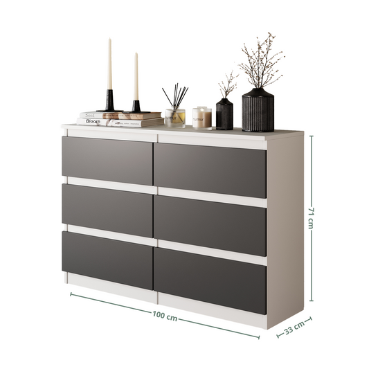 GABRIEL - Cassettiera a 6 cassetti - Credenza per camera da letto - Bianco opaco / Antracite