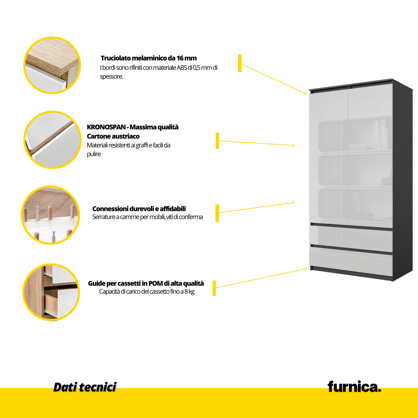 JOELLE - Armadio a 2 ante con 2 cassetti - Antracite / Bianco lucido H180cm L90cm P50cm