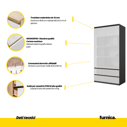 JOELLE - Armadio a 2 ante con 2 cassetti - Antracite / Bianco lucido H180cm L90cm P50cm