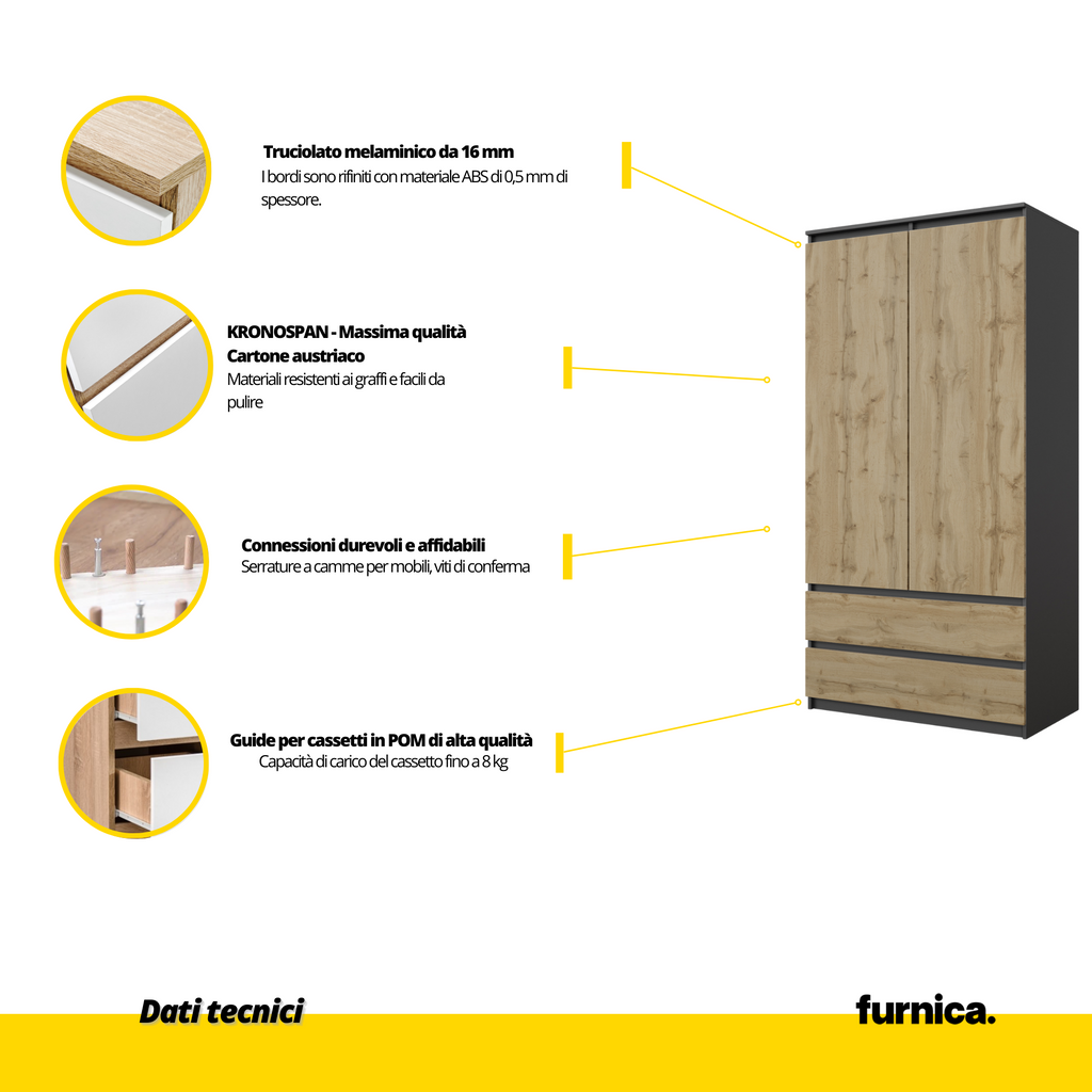 JOELLE - Armadio a 2 ante con 2 cassetti - Antracite / Quercia Wotan H180cm L90cm P50cm