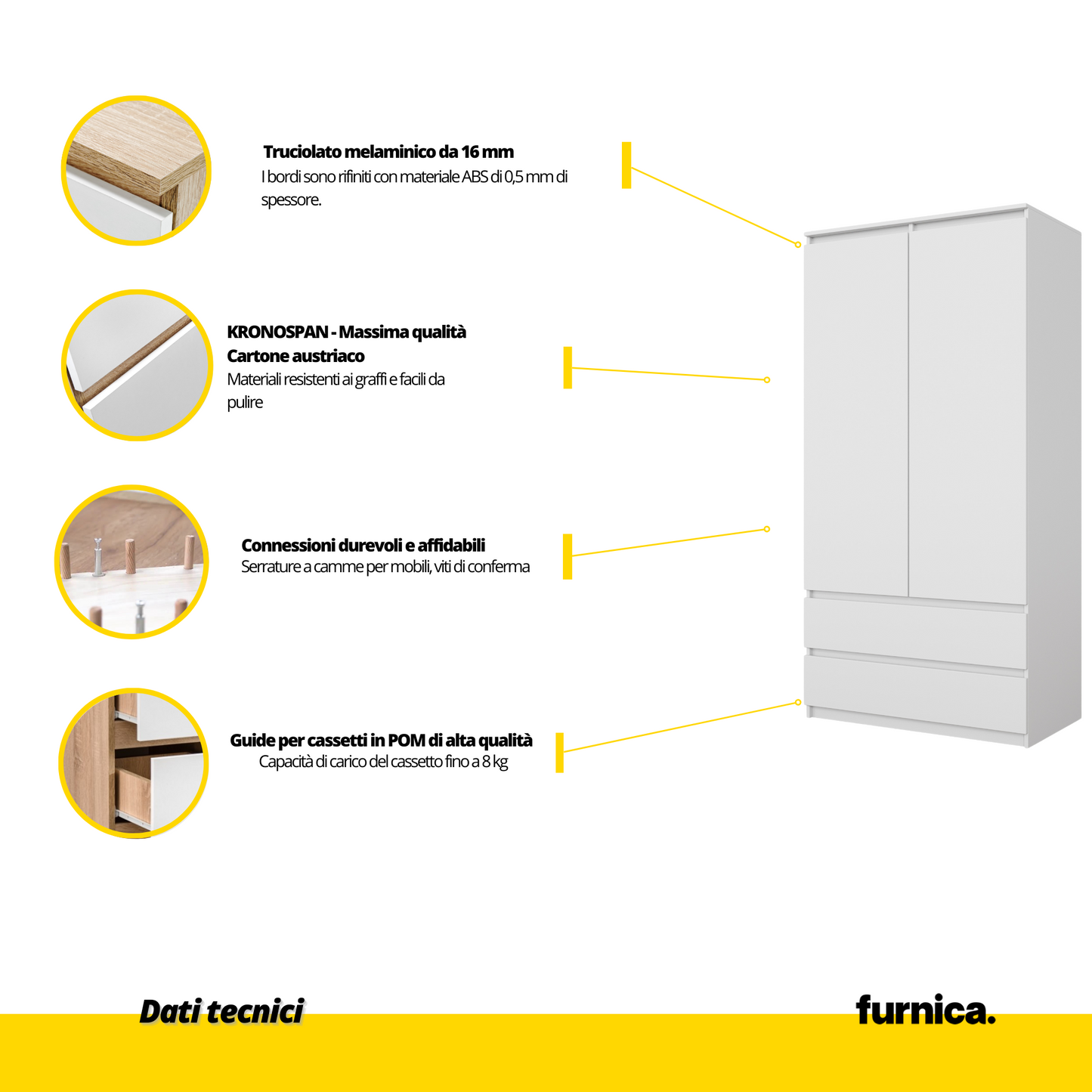 JOELLE - Armadio a 2 ante con 2 cassetti - Bianco opaco H180cm L90cm P50cm