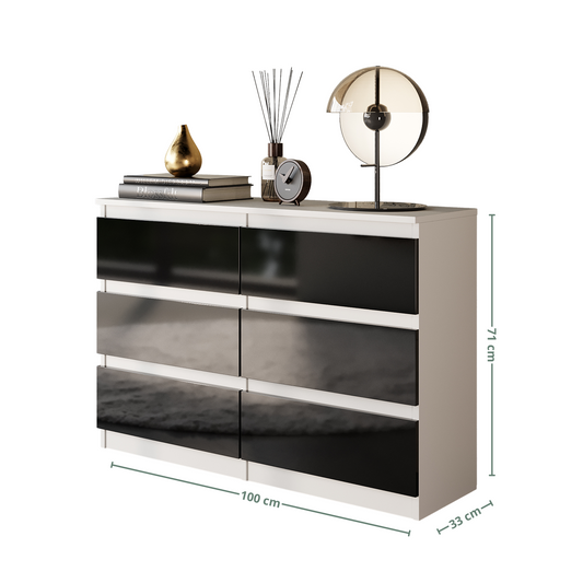 GABRIEL - Cassettiera a 6 cassetti - Credenza per camera da letto - Bianco opaco / Nero lucido