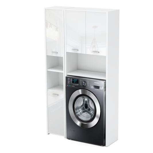 Set di armadietti da bagno EMMA con ante e ripiani - Bianco opaco / Bianco lucido H165cm L94cm P30cm
