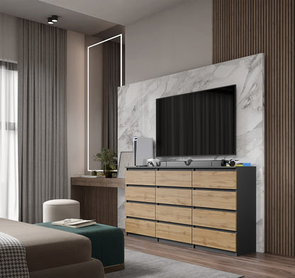 GABRIEL - Cassettiera a 12 cassetti (8+4) - Credenza per camera da letto - Antracite / Rovere Wotan