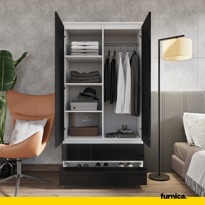 JOELLE - Armadio a 2 ante con 2 cassetti - Bianco opaco / Nero Lucido H180cm L90cm P50cm