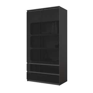 JOELLE - Armadio a 2 ante con 2 cassetti - Antracite / Nero Lucido H180cm L90cm P50cm