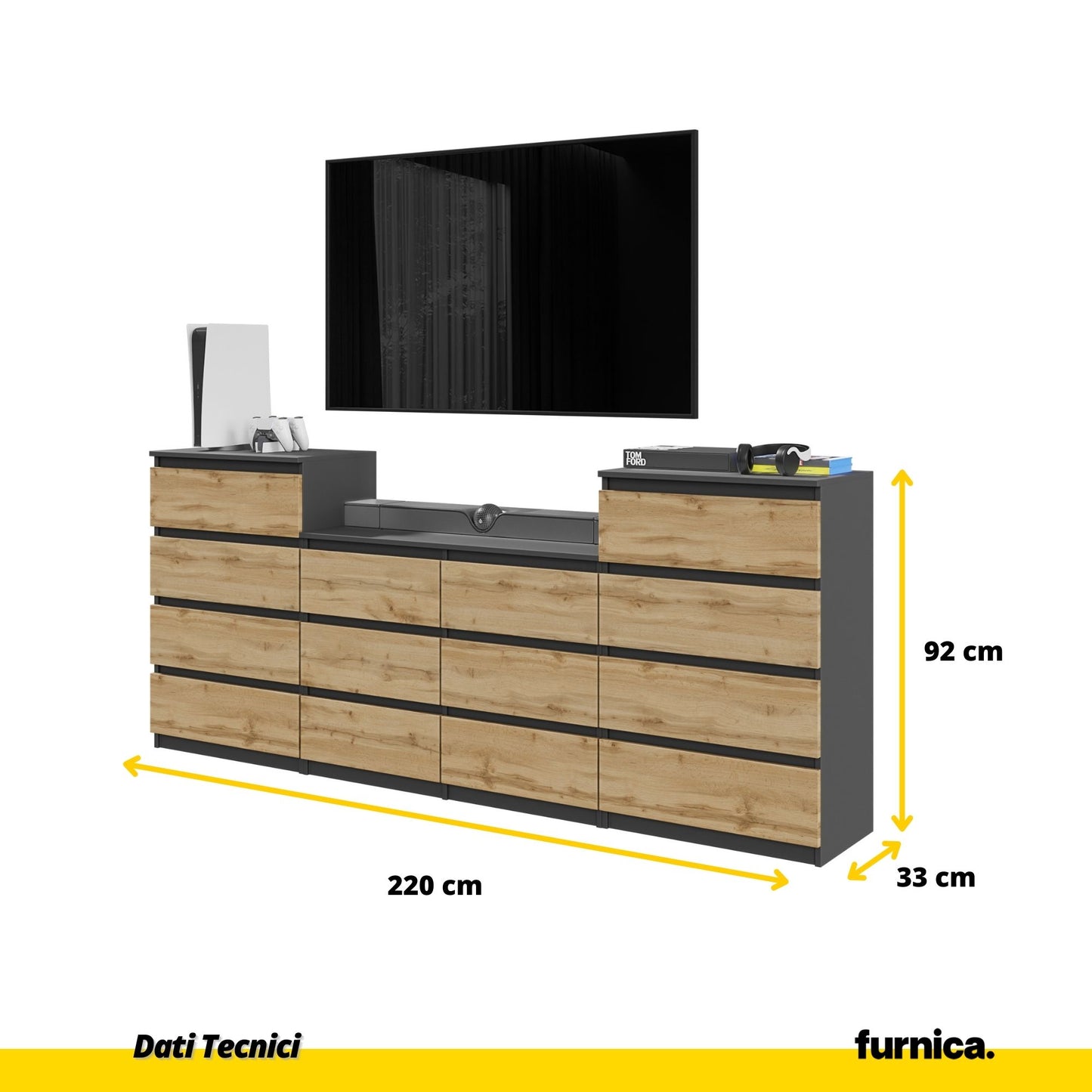 GABRIEL - Cassettiera a 14 cassetti (4+6+4) - Credenza per camera da letto - Antracite / Rovere Wotan