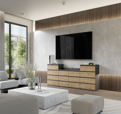 GABRIEL - Cassettiera a 14 cassetti (4+6+4) - Credenza per camera da letto - Antracite / Rovere Wotan