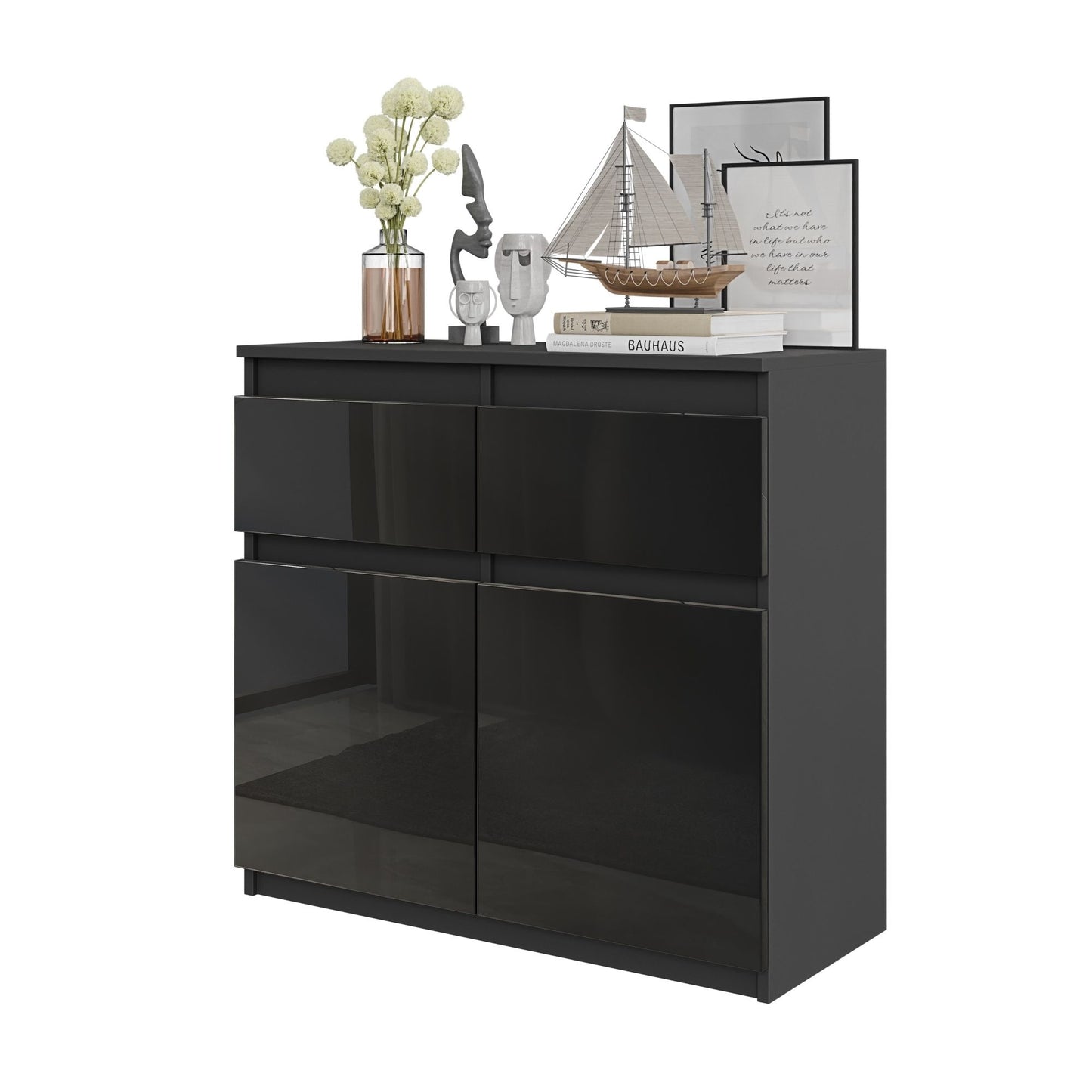 NOAH - Cassettiera con 2 cassetti e 2 ante - Credenza per camera da letto - Antracite / Nero Lucido