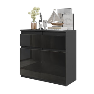 NOAH - Cassettiera con 2 cassetti e 2 ante - Credenza per camera da letto - Antracite / Nero Lucido