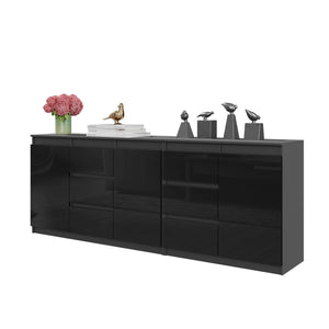 MIKEL - Cassettiera a 6 cassetti e 3 ante - Credenza per camera da letto - Antracite / Nero Lucido H75cm L200cm P35cm