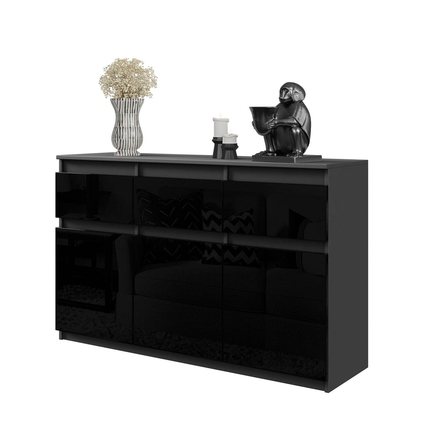 NOAH - Cassettiera a 3 cassetti e 3 ante - Credenza per camera da letto - Antracite / Nero Lucido