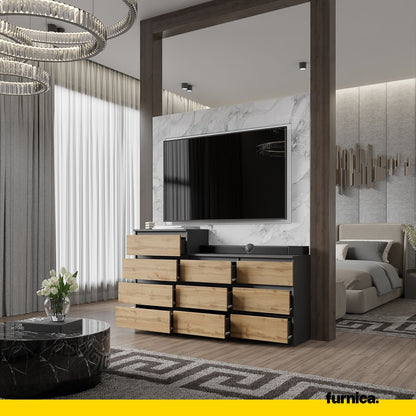 GABRIEL - Cassettiera a 10 cassetti (6+4) - Credenza per camera da letto - Antracite / Rovere Wotan