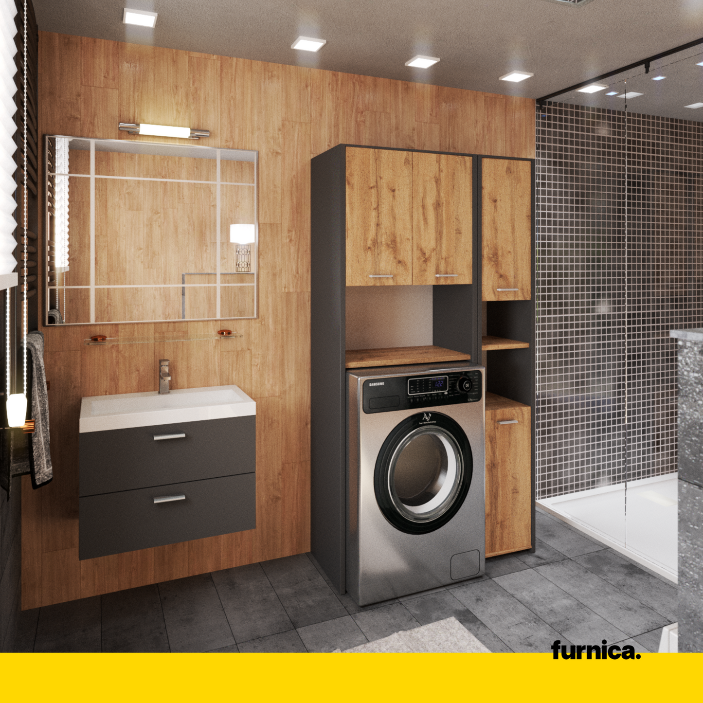 Set di armadietti da bagno EMMA con ante e ripiani - Antracite / Rovere Wotan H165cm L94cm P30cm