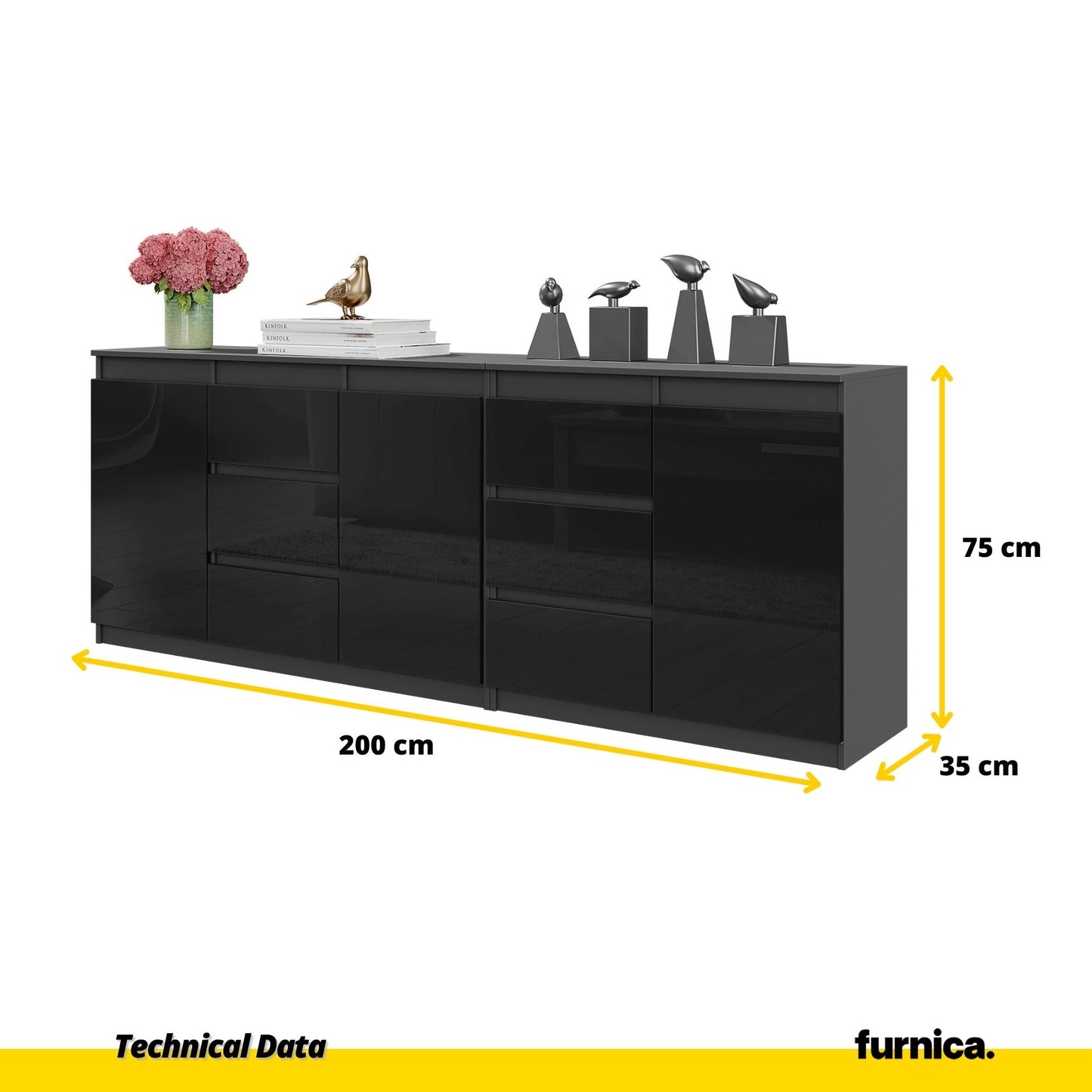 MIKEL - Cassettiera a 6 cassetti e 3 ante - Credenza per camera da letto - Antracite / Nero Lucido H75cm L200cm P35cm